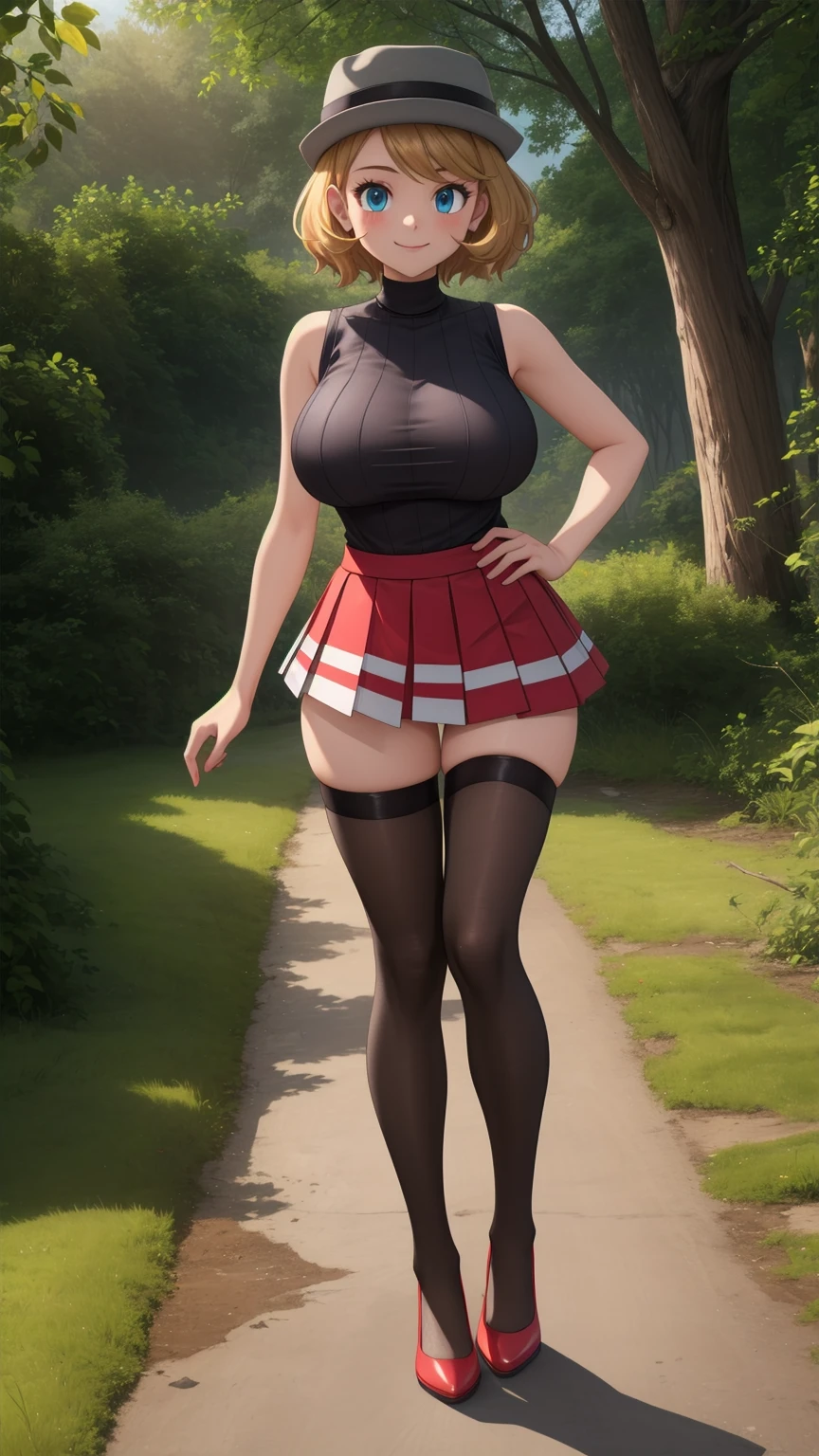 Nsfw, pkmnserena, full body, Burst, 1girl, solo, mature girl, blue eyes, blonde hair, short hair, bangs, hat, grey headwear,
black shirt, turtleneck, sleeveless, red skirt, pleated skirt, black thighhighs, big breast, 
smile,closed mouth,cowboy shot,sexy pose,
forest,outdoor,
(insanely detailed, beautiful detailed face, masterpiece, best quality) cinematic lighting,