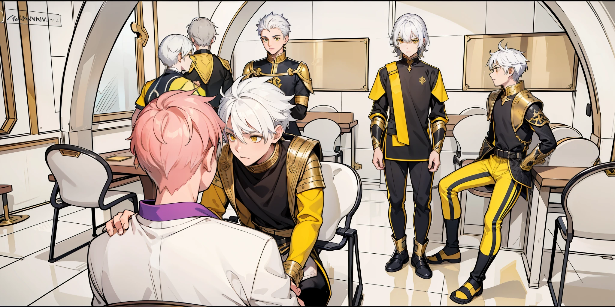 There is a boy sitting with his back turned and several young people in front of him talk to him kindly., They have white hair and yellow eyes, black tunics, black golden armor with yellow golden jewelry., they have yellow eyes