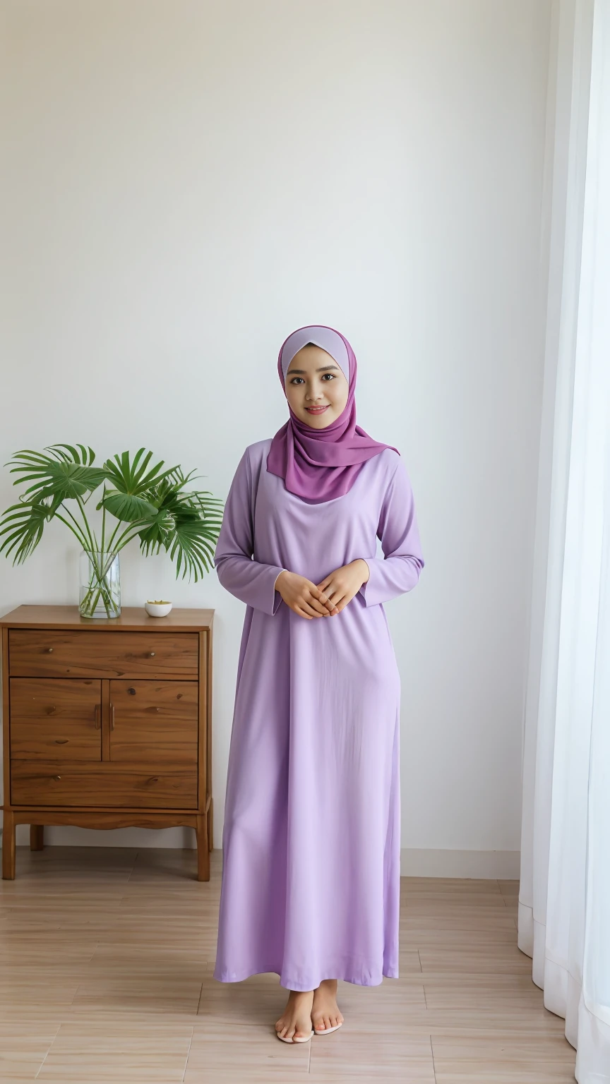 RAW, Best quality, high resolution, (masterpiece: 1.3), full body image, cute Indonesian man in hijab, Masterpiece, average man body, young man face, cute man face, bright skin, fair skin, cute eyes, serene expression, light make up, muslim man in hijab standing in the living room, feminine gesture, graceful expression, body facing viewer, looking to viewer, wearing full soft purple hijab, perfect hijab, wearing White knitted long housedress, pretty housedress, long housedress, knitted housedress, wearing house slippers, beautiful in cute pastel shades, beautiful in pastel shades, at noon, Great lighting, great sunlight, Bright colors, Ultra realistic clean lines, very realistic