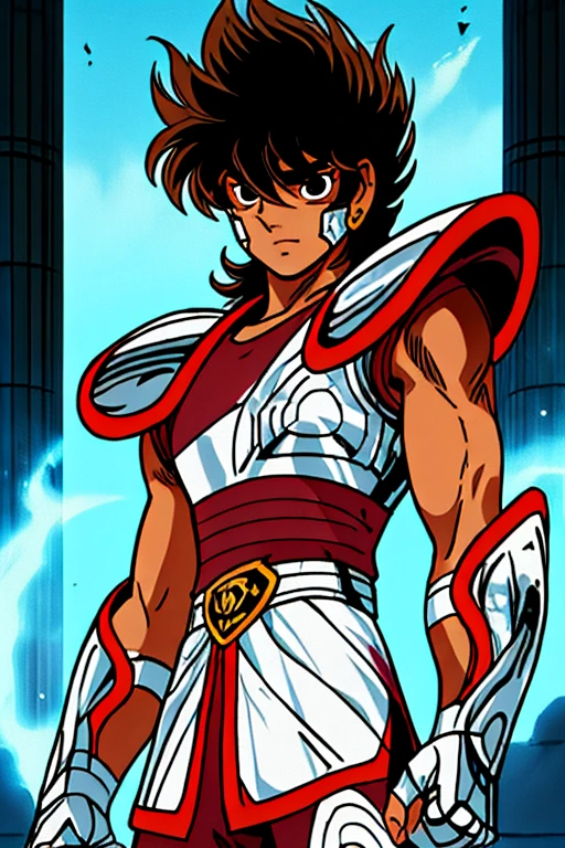 estilo shingoaraki-smf, knights of the zodiac, saint seiya, ****ung boy, messy brown hair, expression of determination on her face,  pegasus seiya , bandages, bloodstains, Ranni, pegasus armor, broken armor, rock ruins background, battle stance, kosmos, energy stars, blue aura