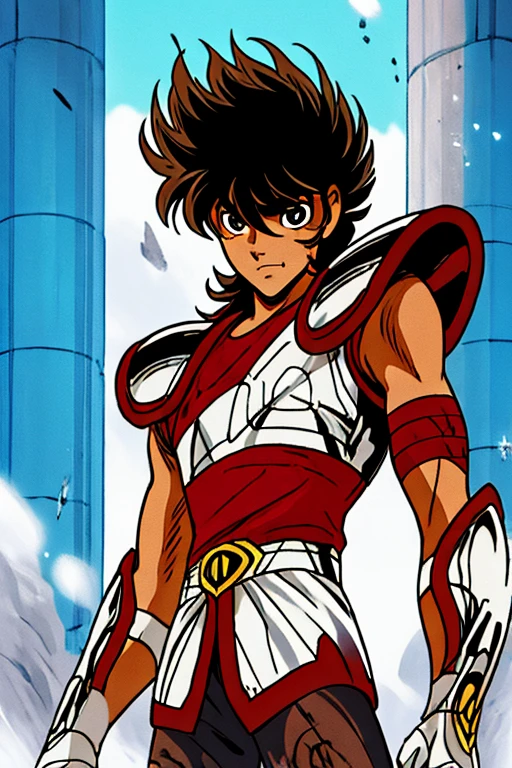 estilo shingoaraki-smf, knights of the zodiac, saint seiya, 1  boy, messy brown hair, expression of determination on her face,  pegasus seiya , bandages, bloodstains, Ranni, pegasus armor, broken armor, rock ruins background, battle stance, kosmos, energy stars, blue aura