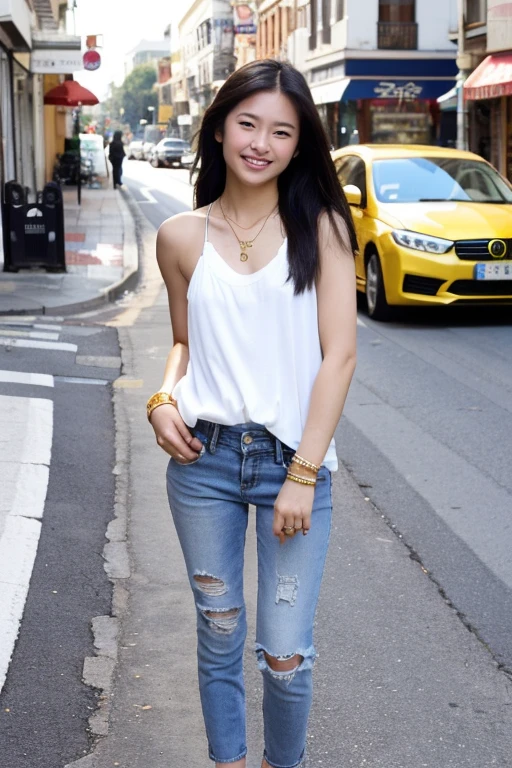 ((best quality)), ((masterpiece)), (detailed), 1girl, beautiful straight black long hair ,beautiful smile , sexy pose ,standing position , white Singlet , short blue jeans , luxury golden necklace ,luxury bracelets , full body picture , on the side streets of town