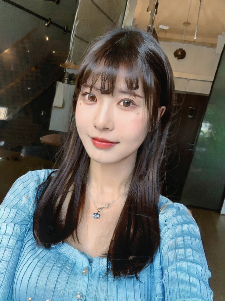 masterpiece, best quality,(realistic, photo-realistic:1.37), Suyu, 1girl, solo, jewelry, brown eyes, looking at viewer, necklace, brown hair, long hair, indoors, shirt, lips, upper body, selfie, bangs, blue shirt, breasts