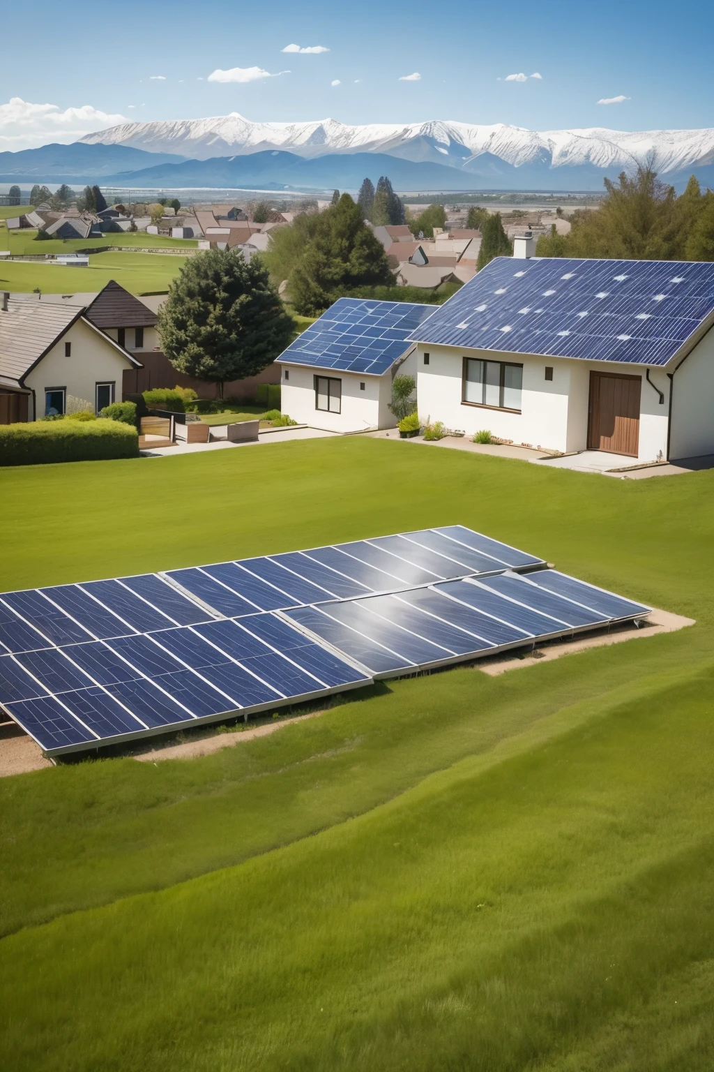 Create a work of art that features houses with solar panels, grass and a sunny day