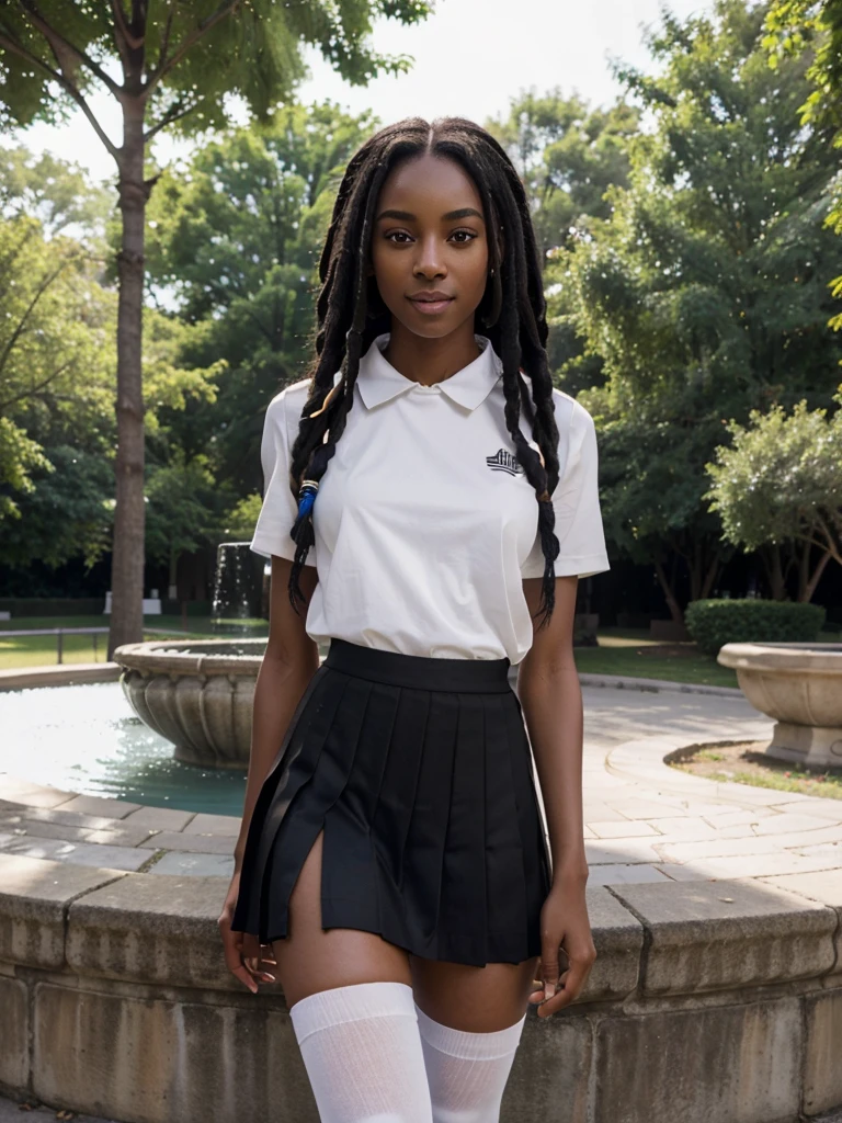8k, RAW photo, best quality, ultra high resolution, photorealistic, realistic photo of skinny ebony girl, (skinny ebony girl, most beautiful ebony girl in the world, dark skin, slim face, black hair, dreadlocks hair, dreadlocks), in the college campus park, fountain, bright light, (full body picture), standing posing for picture, sexy pose, wearing , wearing (white shirt, black pleated skirt, white knee high socks), (looking at viewer), shy smile, seductive, High Detail, Sharp focus, bright light