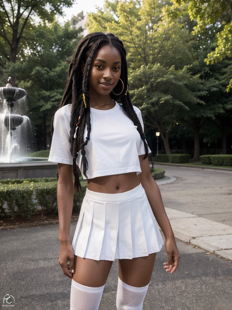8k, RAW photo, best quality, ultra high resolution, photorealistic, realistic photo of skinny ebony girl, (skinny ebony girl, most beautiful ebony girl in the world, dark skin, slim face, black hair, dreadlocks hair, dreadlocks), in the college campus park, fountain, bright light, (full body picture), standing posing for picture, sexy pose, wearing , wearing (white shirt, black pleated skirt, white knee high socks), (looking at viewer), shy smile, seductive, High Detail, Sharp focus, bright light
