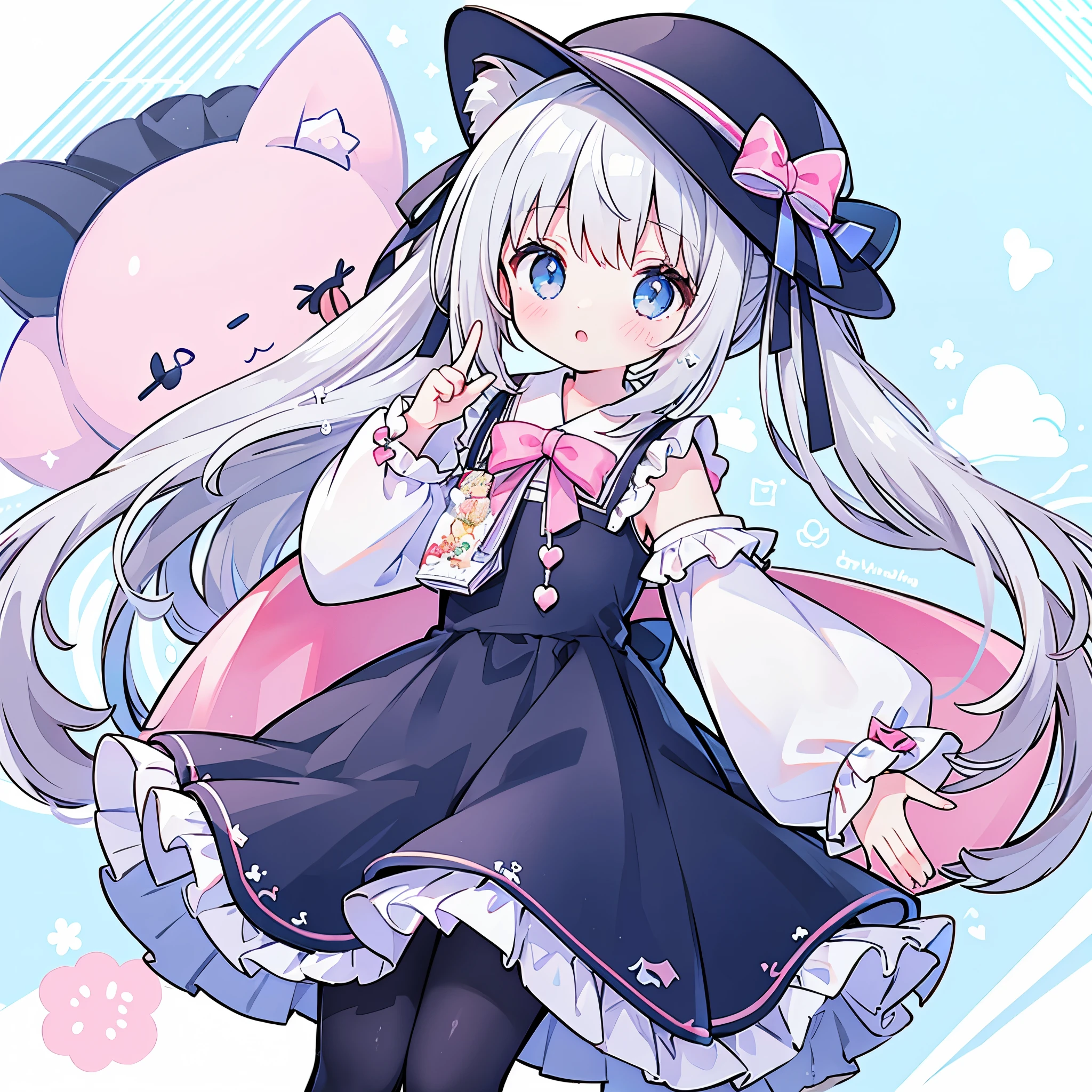 female、独奏, whole body, light blue eyeary jane shoes, pose for a photo.,long hair、twintail hair,shy,blush,Hot,masterpiece、Best image quality、top quality, wizard hat、long hair,fox ears,gray hair,(black pantyhose),blue eyes、exquisite eyes、Beautiful girl、Chubby cheeks、cute 드레스、puffy sleeves、Ruffled skirt、pink ribbon、cute、change, Magic Wand,