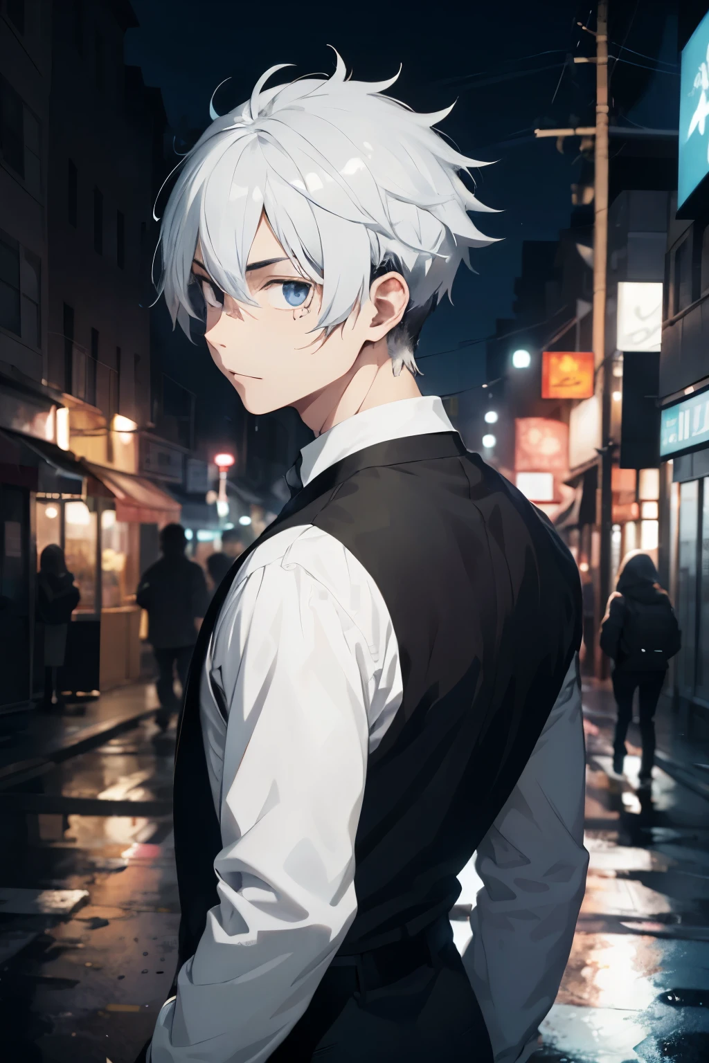 teenage man ,Smoky white hair, wearing a black suit . Turn around and look back. Half body image, colored lights,  look back. วิวจากดาดฟ้า 