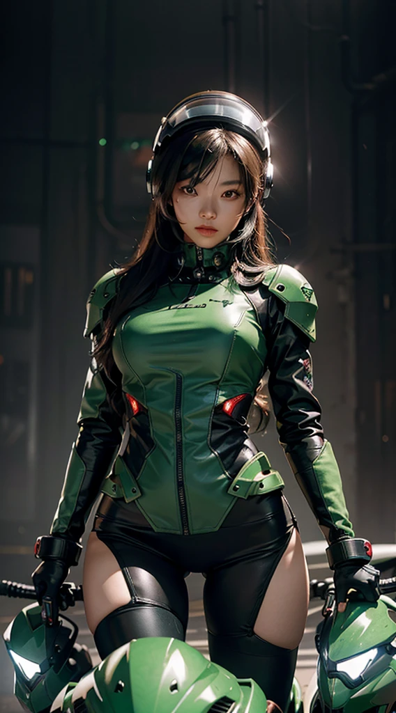 Highest image quality, outstanding details, ultra-high resolution, (realism: 1.4), the best illustration, favor details, highly condensed 1girl, with a delicate and beautiful face, dressed in a black and green mecha, wearing a mecha helmet, holding a directional controller, riding on a motorcycle, the background is a high-tech lighting scene of the future city.Ninja girl Cyborg. Red suit.