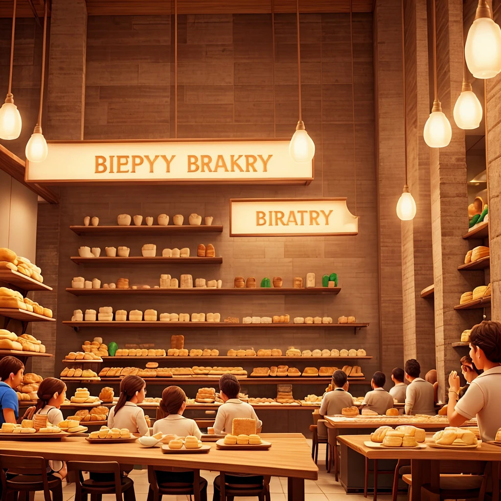 Make an image of a modern bakery full of people at separate tables eating cake and happy in Brazil