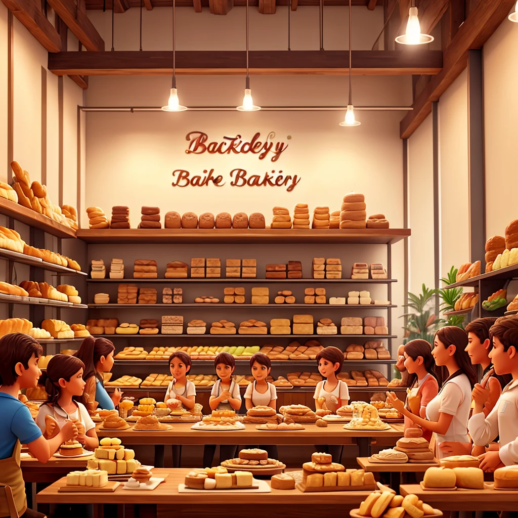 Make an image of a modern bakery full of people at separate tables eating cake and happy in Brazil