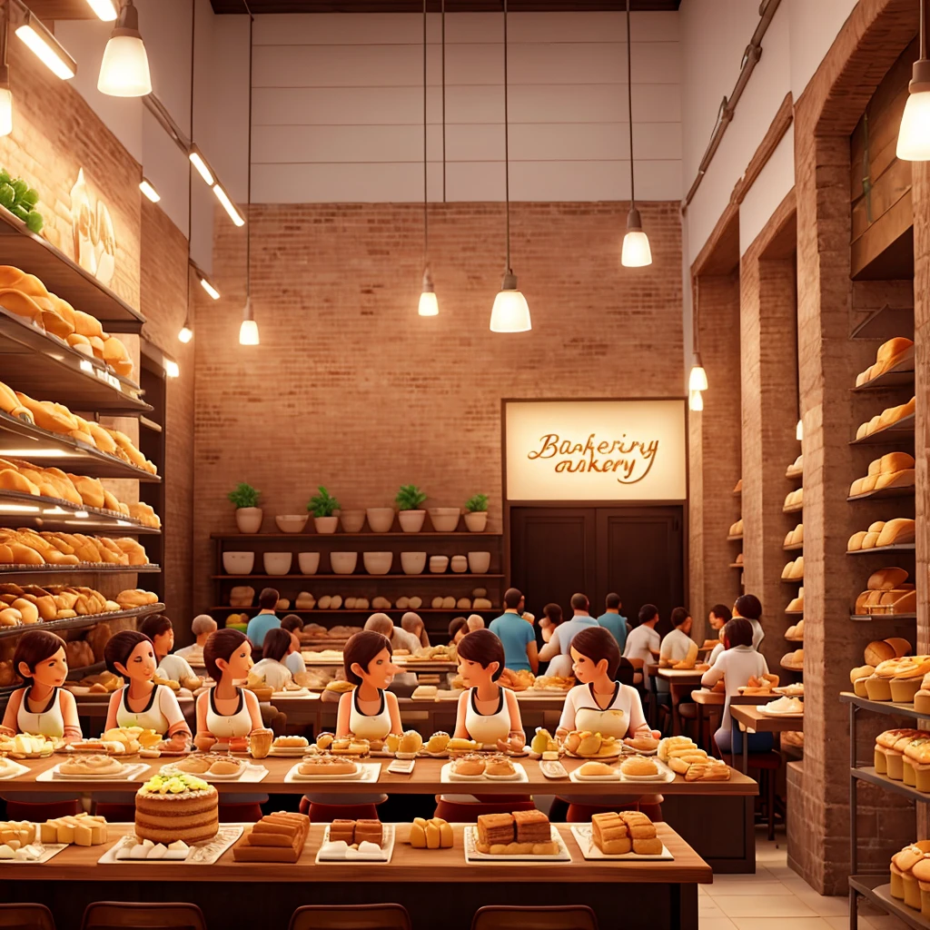 Make an image of a modern bakery full of people at separate tables eating cake and happy in Brazil