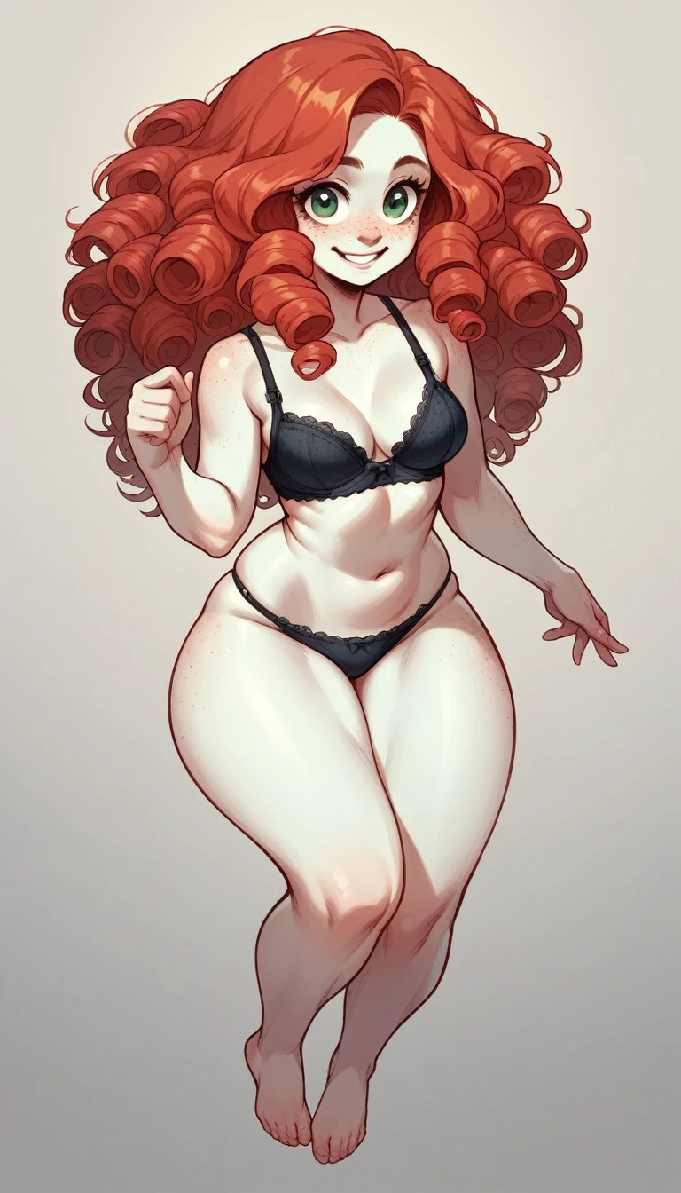 cute , bra, panties, red hair, green eyes, white skin, freckles on face, big thighs, happy expression, full body, perfect face, thin nose, curly hair