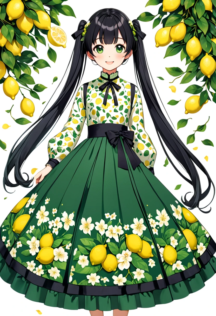 Black Hair、cute girl with twin tails、smile、The dress she is wearing has a vintage design and long sleeves.、High neck、A ribbon is tied on the collar。The fabric is based on white.、All-over pattern of green leaves and yellow lemons。The waist is cinched、The fluffy skirt reaches down to mid-calf length.