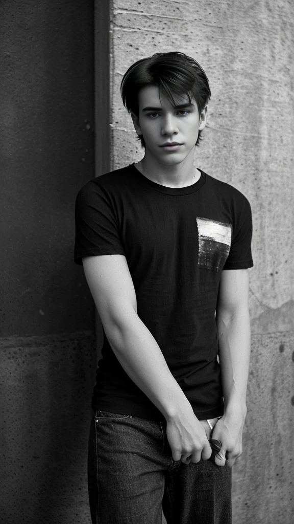 Generate an image in dramatic cinematic black and white, featuring a young man wearing a blank black tee shirt in a street style setting. Include a textured wall in the background. The model should have a relaxed, confident pose.