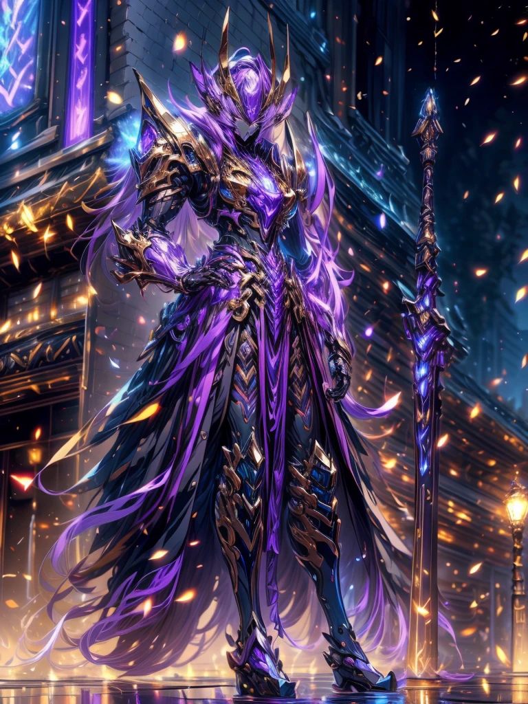 super wide shot, Full body frontal photo,Mecha woman warrior,Heroic style of the Three Kingdomech color: Purple deep series》,(《Romance of the Three Kingdoms》,《Sima Yi》,Magic weapon in hand,),(Full body mecha), 1 Girl, Keqing from Genshin Impact, (Masterpiece) , The best quality, High quality,Gold armor,Movie Lighting, (Exquisite future), Beautiful and beautiful, Ultra detailed, great composition, Floating, Depth of field, (Very detailed CG,Unity 8k Wallpaper), (Beautiful detail background), dramatic lights, GOGETTA, Mecha,best qualtiy,Ultra-high resolution,