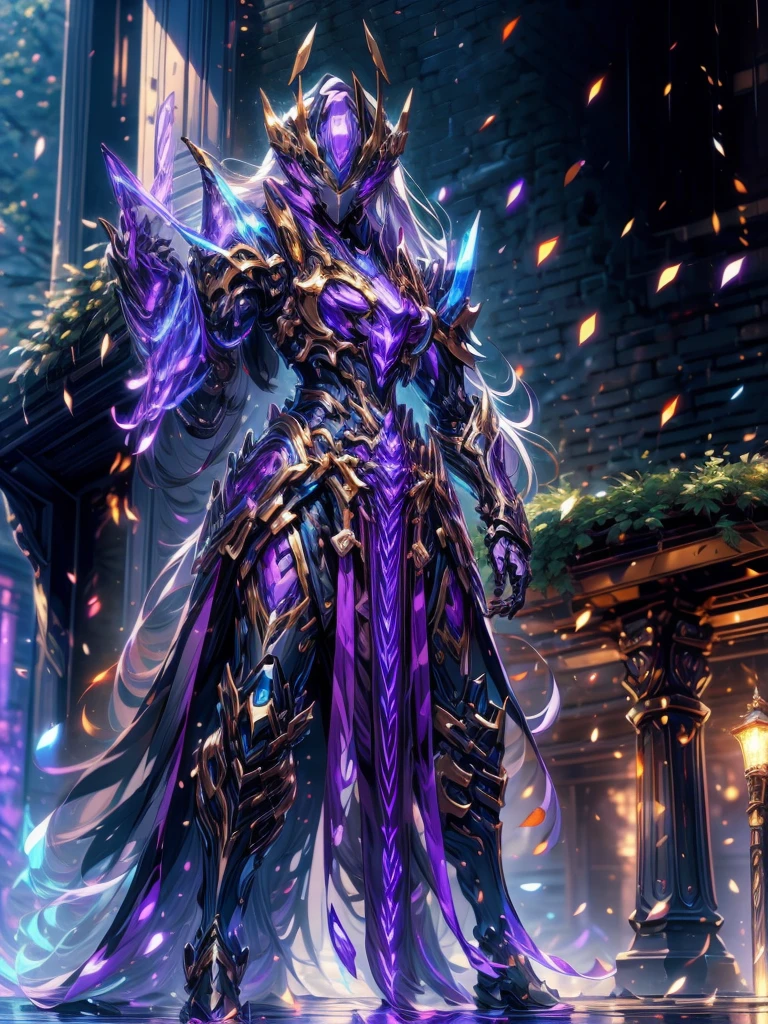 super wide shot, Full body frontal photo,Mecha woman warrior,Heroic style of the Three Kingdomech color: Purple deep series》,(《Romance of the Three Kingdoms》,《Sima Yi》,Magic weapon in hand,),(Full body mecha), 1 Girl, Keqing from Genshin Impact, (Masterpiece) , The best quality, High quality,Gold armor,Movie Lighting, (Exquisite future), Beautiful and beautiful, Ultra detailed, great composition, Floating, Depth of field, (Very detailed CG,Unity 8k Wallpaper), (Beautiful detail background), dramatic lights, GOGETTA, Mecha,best qualtiy,Ultra-high resolution,