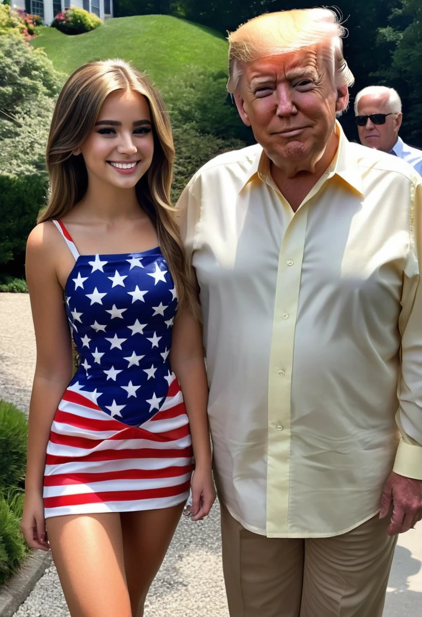 A age daughter of Donald Trump and Joe Biden. Looks like the spitting image of both her dads. wearing an american flag dress. 50/50 mash up of Donald Trump and Joe Biden.
