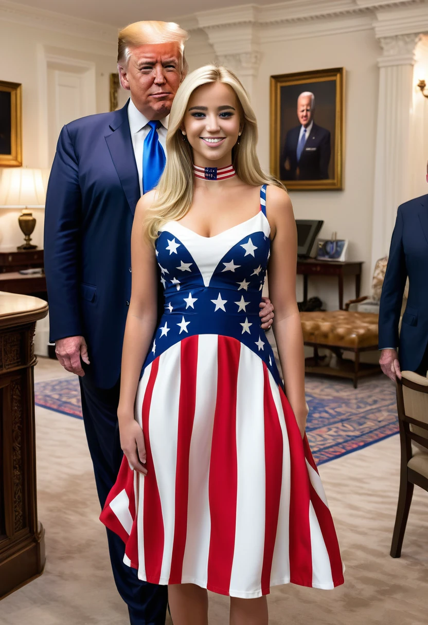 A teenage daughter of Donald Trump and Joe Biden. Looks like the spitting image of both her dads. wearing an american flag dress. 50/50 mash up of Donald Trump and Joe Biden.