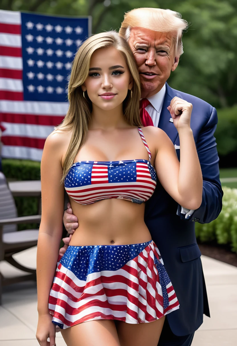 old man in white suit stands beside (((nude naked nude naked young white teen girl who has blonde chignon hair and smile and wears a collar))) and has medium breast and nipple and pussy and earring and wristwatch and is standing in a park and is holding a trophy, holding a trophy, holding a trophy, bench, grass, student in background, old man in black suit in background, old man in black suit in background, old man in black suit in background,
