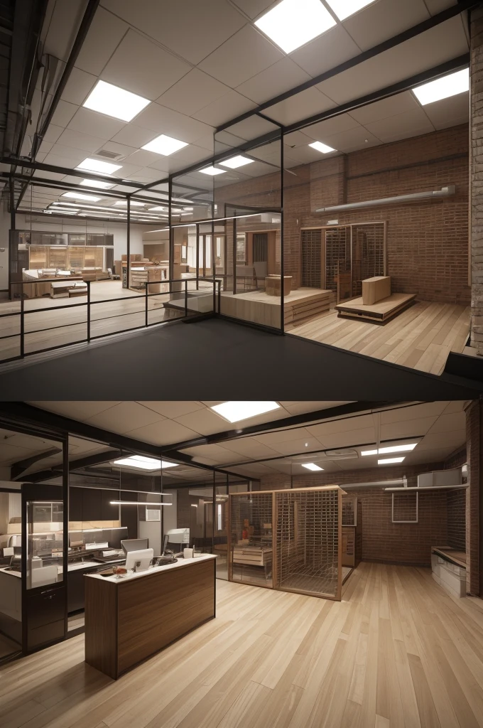 Lower and upper architectural plan with office and cooling area of a chocolate factory in 3d