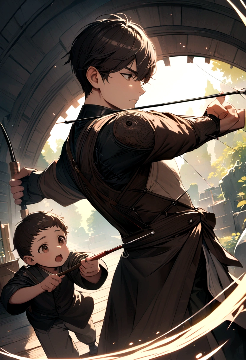 Little boy with brownish black hair traning archery with his father. 4K Resolution, Ultra Detailed.