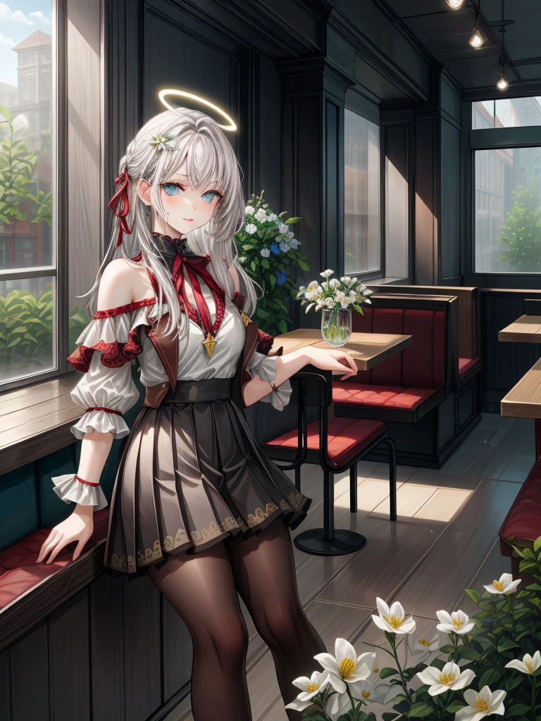 

(1girl), (masterpiece), (best quality),((facing the viewer)), ((good anatomy))

A stunning woman with snow-white hair and bright blue eyes sits by the window at a cozy corner café. She wears a soft-toned t-shirt that complements her pale complexion, adorned with delicate floral embroidery in pastel shades, contrasting harmoniously with her black pleated skirt that falls gracefully just above her knees. Her black stockings feature intricate detailing, extending from ankles to thighs, adding sophistication and style to her ensemble.

With each bite of her fruit tart, her movements are graceful and elegant, reflecting a natural serenity. Soft light filters through the window, highlighting silver strands in her white hair and creating a subtle halo around her. Some strands fall gently over her shoulders, while others are elegantly swept up into a chic updo that reveals her slender neck.

The café ambiance is filled with soft murmurs and the comforting aroma of freshly brewed coffee. On her table, next to her plate, rests a small white flower in a tiny glass vase, a delicate detail that adds a touch of freshness and simplicity to her surroundings.

The woman, with her calm gaze and relaxed posture, appears to be immersed in a moment of personal peace and enjoyment, in harmony with the cozy atmosphere of the corner café.