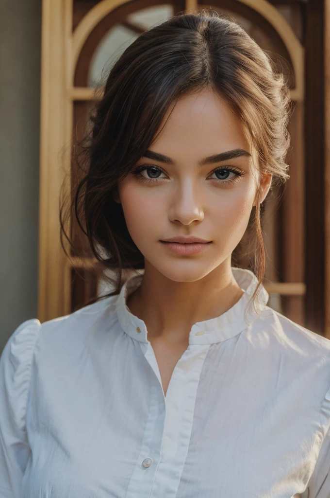 a beautiful girl in white t-shirt and black jeans, detailed face with beautiful eyes, detailed lips, long eyelashes, photorealistic, highly detailed, 4k, masterpiece, professional portrait photography, natural lighting, warm tones, cinematic, elegant, dynamic pose