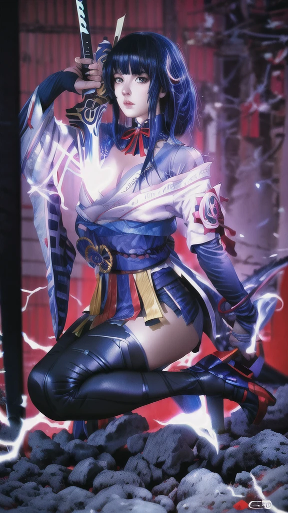 Hyperrealistic version of a woman kneeling down with a sword in her hand, very beautiful cyberpunk samurai, anime cyberpunk art, cyberpunk samurai, cyberpunk anime art, anime cyberpunk, cgsociety 9, digital cyberpunk anime art, style of maciej kuciara.1girl, samurai armor, helmet oni evil mask,intricate, ornaments detailed, cold colors, metal, egypician detail, highly intricate details, realistic light, trending on cgsociety, glowing eyes, facing camera, neon details, ultra realistic details, portrait full body, japanese atmosphere, global illumination, shadows, octane render, 8k, ultra sharp.cool ta.