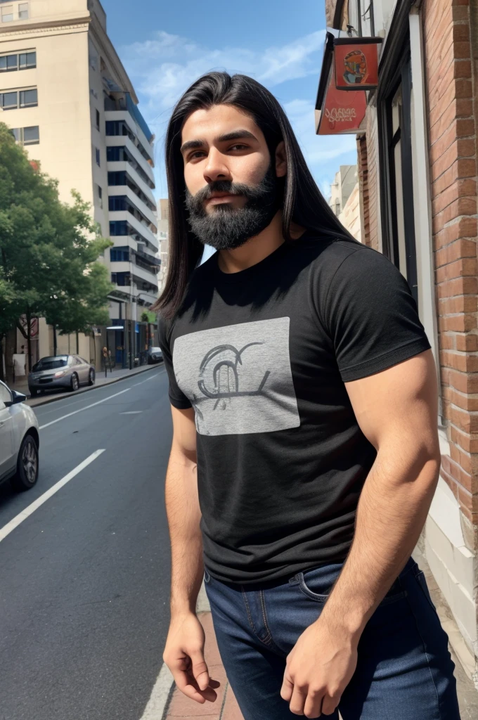 A handsome 20 year old boy, with a full black beard, medium hair, stylish straight hair, hair combed to the side, black t-shirt, jeans, standing, in the background the city, blue sky during the day