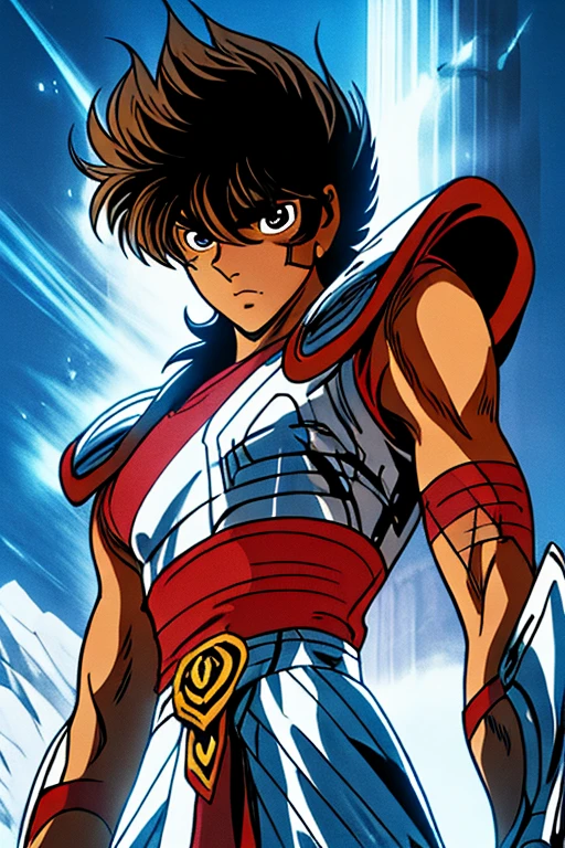 estilo shingoaraki-smf, knights of the zodiac, saint seiya, ****ung boy, messy brown hair, expression of determination on her face,  pegasus seiya , bandages, bloodstains, Ranni, pegasus armor, broken armor, rock ruins background, battle stance, kosmos, energy stars, blue aura