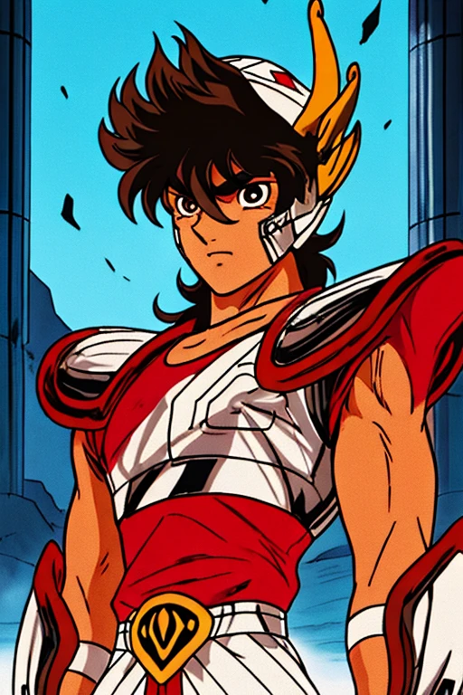 estilo shingoaraki-smf, knights of the zodiac, saint seiya, ****ung boy, messy brown hair, expression of determination on her face,  pegasus seiya , bandages, bloodstains, Ranni, pegasus armor, broken armor, rock ruins background, battle stance, kosmos, energy stars, blue aura