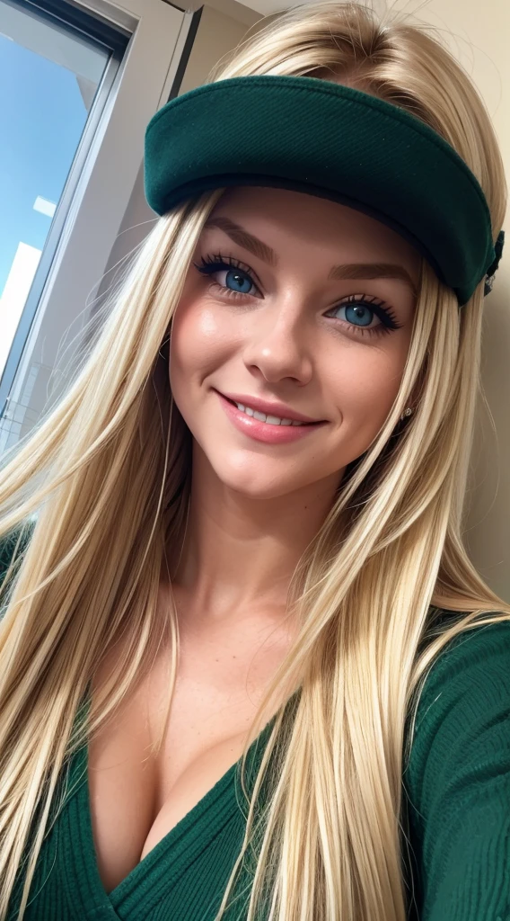 1 Frau, American, Nice, (Selfie, Happy), with long blond hair. bright green eyes, bright eyes