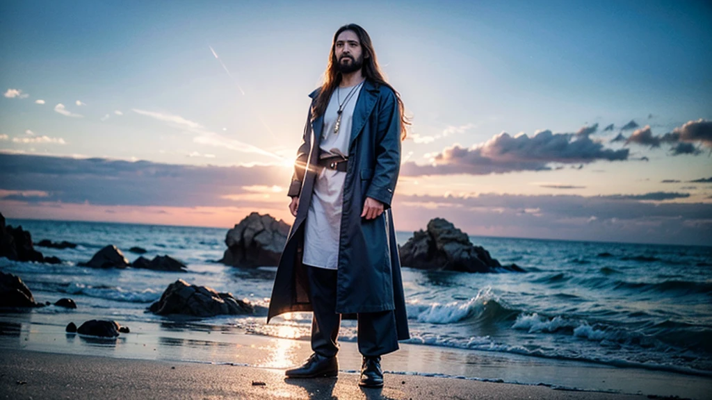 full body,Robert Powell long hair blue eyes sky dressed as Jesus Robert Powell long hair blue eyes sky dressed as Jesus, iRobert Powell long hair blue eyes sky dressed as Jesus, parado nas nuvens com os braços estendidos, ,4K resolution highlights, Sharp focus, octane render, ray tracing, Ultra-High-Definition, 8k, UHD, HDR, (Masterpiece:1.5), (best quality:1.5)