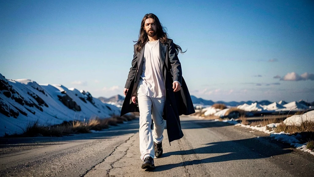 full body,Robert Powell long hair blue eyes sky dressed as Jesus Robert Powell long hair blue eyes sky dressed as Jesus, iRobert Powell long hair blue eyes sky dressed as Jesus, parado nas nuvens com os braços estendidos, ,4K resolution highlights, Sharp focus, octane render, ray tracing, Ultra-High-Definition, 8k, UHD, HDR, (Masterpiece:1.5), (best quality:1.5)