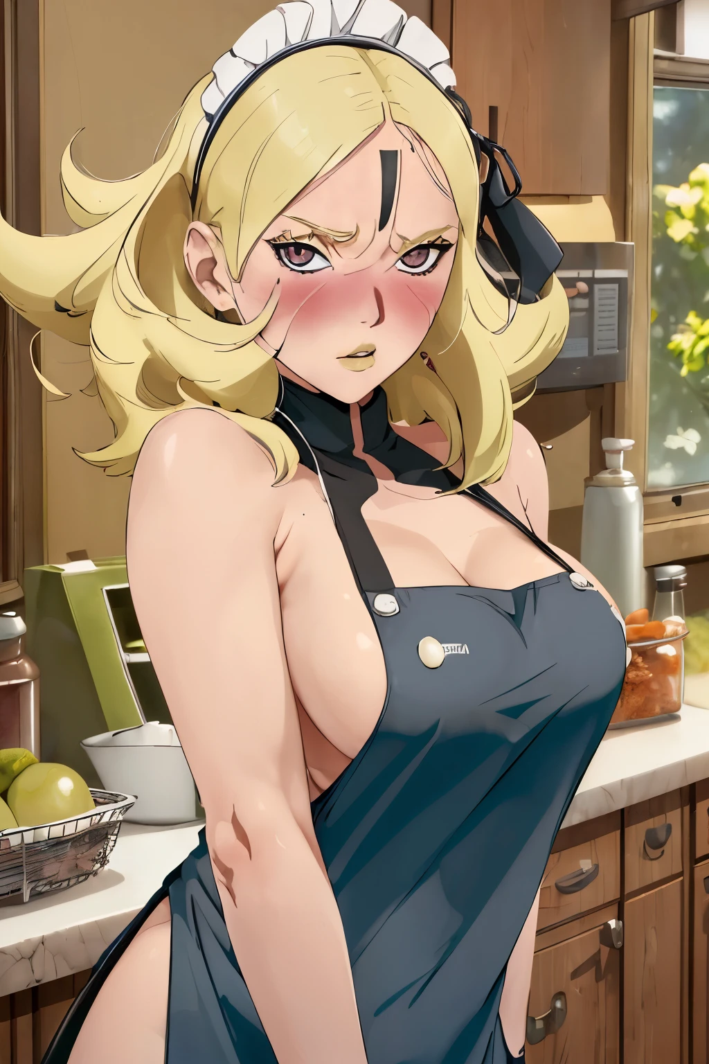 (best qualityer:1.3), (4K quality), Delta by Boruto, blonde hair, ((face detailed)), ((blush)), (big breasts), ((apron on naked body, kitchen)), ((bare shoulders)), bare arms,