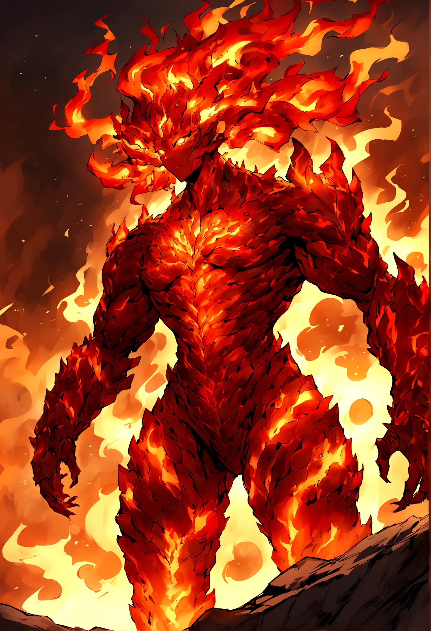 Create a detailed description of a character resembling a fire elemental. This character has a humanoid shape with a rocky exterior and fiery features. The character should have a menacing and powerful appearance, with glowing eyes and flowing flames as hair."