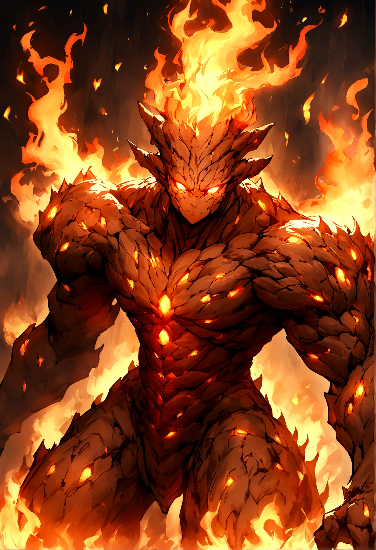 Create a detailed description of a character resembling a fire elemental. This character has a humanoid shape with a rocky exterior and fiery features. The character should have a menacing and powerful appearance, with glowing eyes and flowing flames as hair."