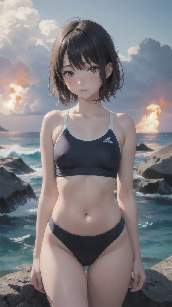 Highest quality , High resolution , Detailed CG , high school girl , short hair , School Swimsuit , slender , Modest chest , Beautiful small hips , Black Hair , Two limbs , Optimal ratio , Embarrassed expression , Burning cheeks , Ocean , Rocky reefs , A place without people ,  are visible , touching one's own breasts with one's own hands ,  expression during  , Hiding in the shadows