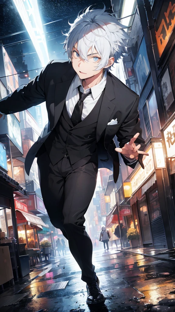 teenage man ,Smoky white hair, wearing a black suit . Turn around and look back. Half body image, colored lights,  look back. วิวจากดาดฟ้าตึกสูง