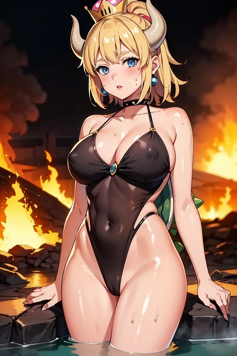 best quality, high resolution, large breasts, blonde hair, blush, embarrassed, cowboy shot, looking at viewer, bowsette, pink lip, (into the volcano), (bathing in lava), sexy legs, black slingshot swimsuit, (((oiled body)))