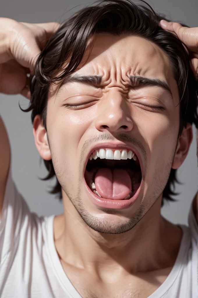Create an image of a man screaming with his eyes wide open and his hands on his head