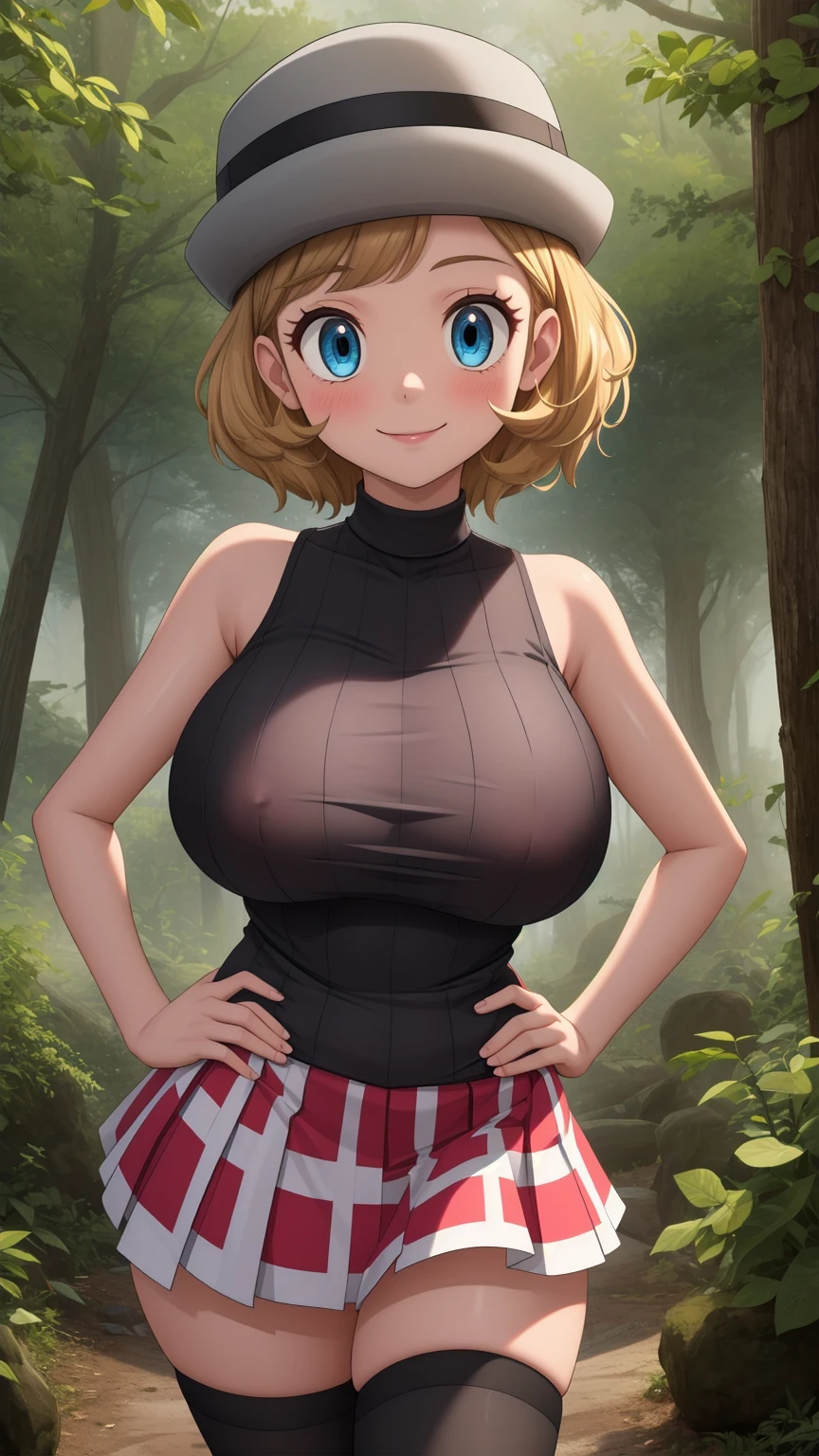 Nsfw, pkmnserena, full body, Burst, 1girl, solo, mature girl, blue eyes, blonde hair, short hair, bangs, hat, grey headwear,
black shirt, turtleneck, sleeveless, red skirt, pleated skirt, black thighhighs, big breast, 
smile,closed mouth,cowboy shot,sexy pose,
forest,outdoor,
(insanely detailed, beautiful detailed face, masterpiece, best quality) cinematic lighting,