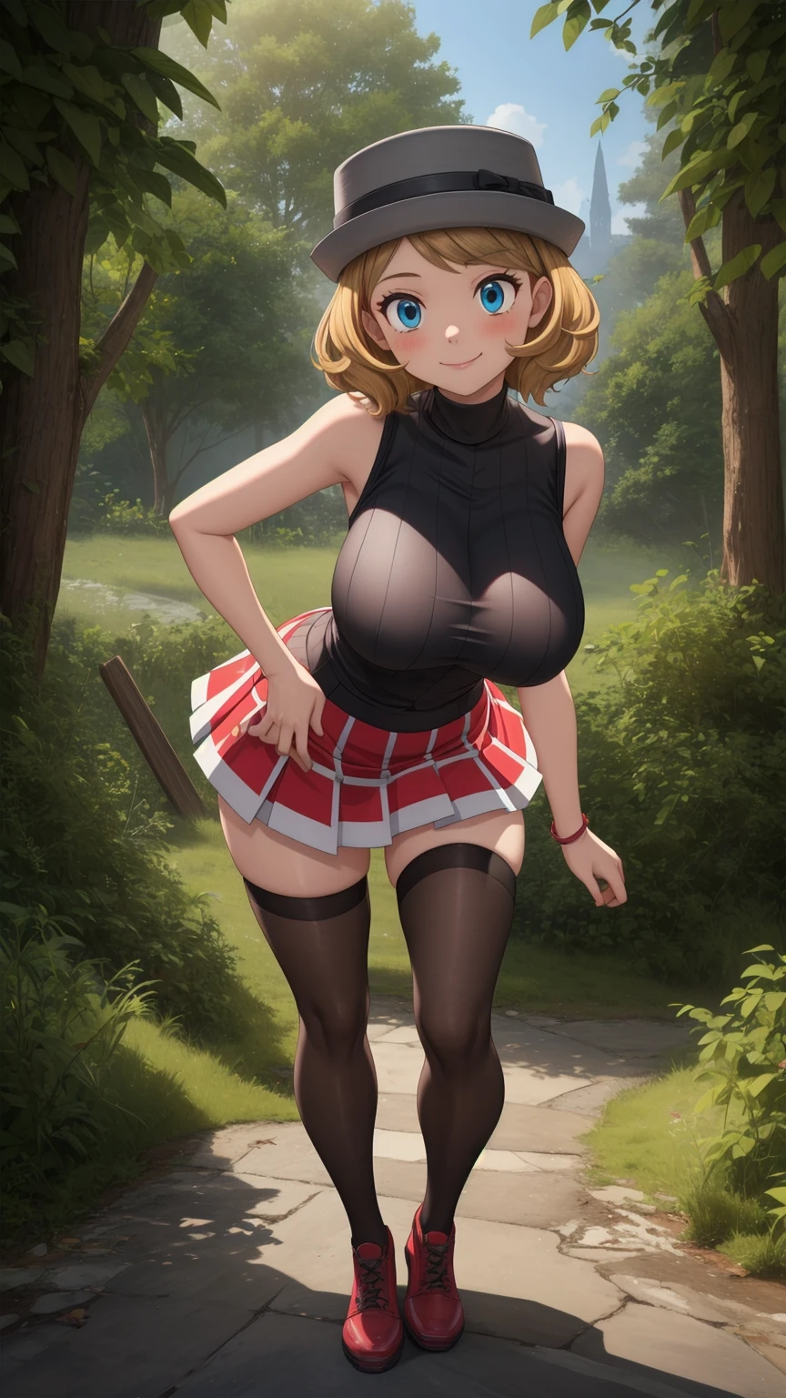 Nsfw, pkmnserena, full body, Burst, 1girl, solo, mature girl, blue eyes, blonde hair, short hair, bangs, hat, grey headwear,
black shirt, turtleneck, sleeveless, red skirt, pleated skirt, black thighhighs, big breast, 
smile,closed mouth,cowboy shot,sexy pose,
forest,outdoor,
(insanely detailed, beautiful detailed face, masterpiece, best quality) cinematic lighting,