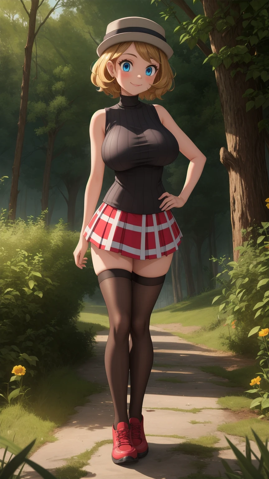 Nsfw, pkmnserena, full body, Burst, 1girl, solo, mature girl, blue eyes, blonde hair, short hair, bangs, hat, grey headwear,
black shirt, turtleneck, sleeveless, red skirt, pleated skirt, black thighhighs, big breast, 
smile,closed mouth,cowboy shot,sexy pose,
forest,outdoor,
(insanely detailed, beautiful detailed face, masterpiece, best quality) cinematic lighting,