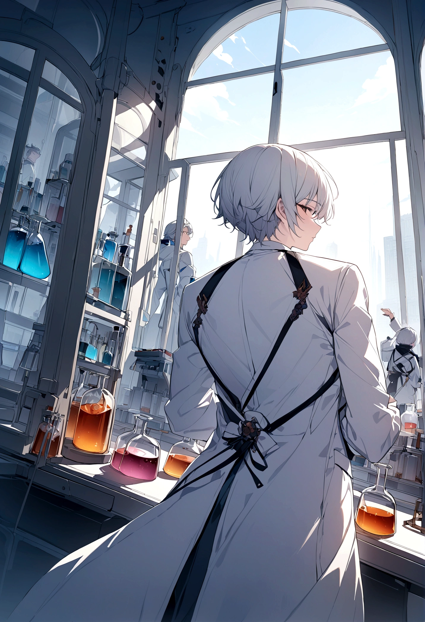 (masterpiece, 32k, 8k) two male scientists in front of a window in their laboratory, (angle of image on character's back), white coats, very detailed laboratory with several flasks, (character looking at the window)