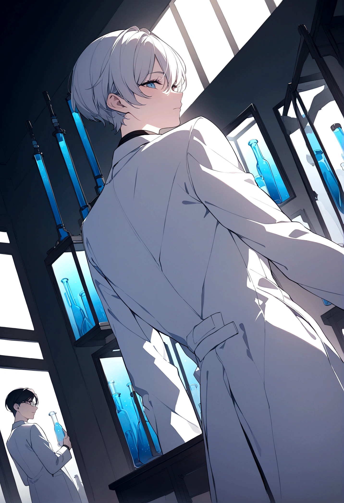 (masterpiece, 32k, 8k) two male scientists in front of a window in their laboratory, (angle of image on character's back), white coats, very detailed laboratory with several flasks, (character looking at the window)
