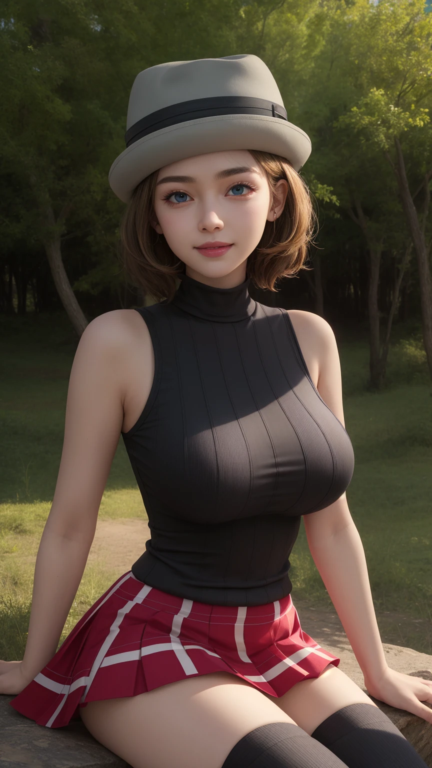 Nsfw, pkmnserena, full body, Burst, 1girl, solo, mature girl, blue eyes, blonde hair, short hair, bangs, hat, grey headwear,
black shirt, turtleneck, sleeveless, red skirt, pleated skirt, black thighhighs, big breast, 
smile,closed mouth,cowboy shot,sitting,
forest,outdoor,
(insanely detailed, beautiful detailed face, masterpiece, best quality) cinematic lighting,