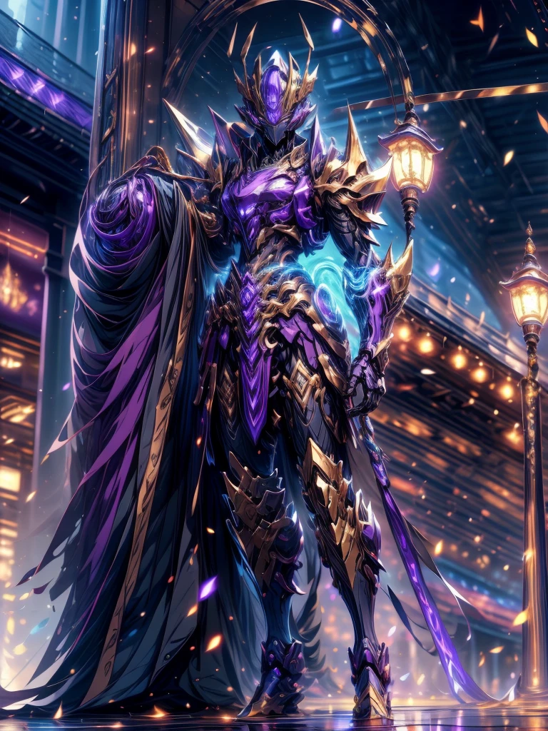 super wide shot, Full body frontal photo,Mecha woman warrior,Heroic style of the Three Kingdomech color: Purple deep series》,(《Romance of the Three Kingdoms》,《Sima Yi》,Magic weapon in hand,),(Full body mecha), 1 Girl, large breast, thicc, BIG ASS, Keqing from Genshin Impact, (Masterpiece) , The best quality, High quality,Gold armor,Movie Lighting, (Exquisite future), Beautiful and beautiful, Ultra detailed, great composition, Floating, Depth of field, (Very detailed CG,Unity 8k Wallpaper), (Beautiful detail background), dramatic lights, GOGETTA, Mecha,best qualtiy,Ultra-high resolution,