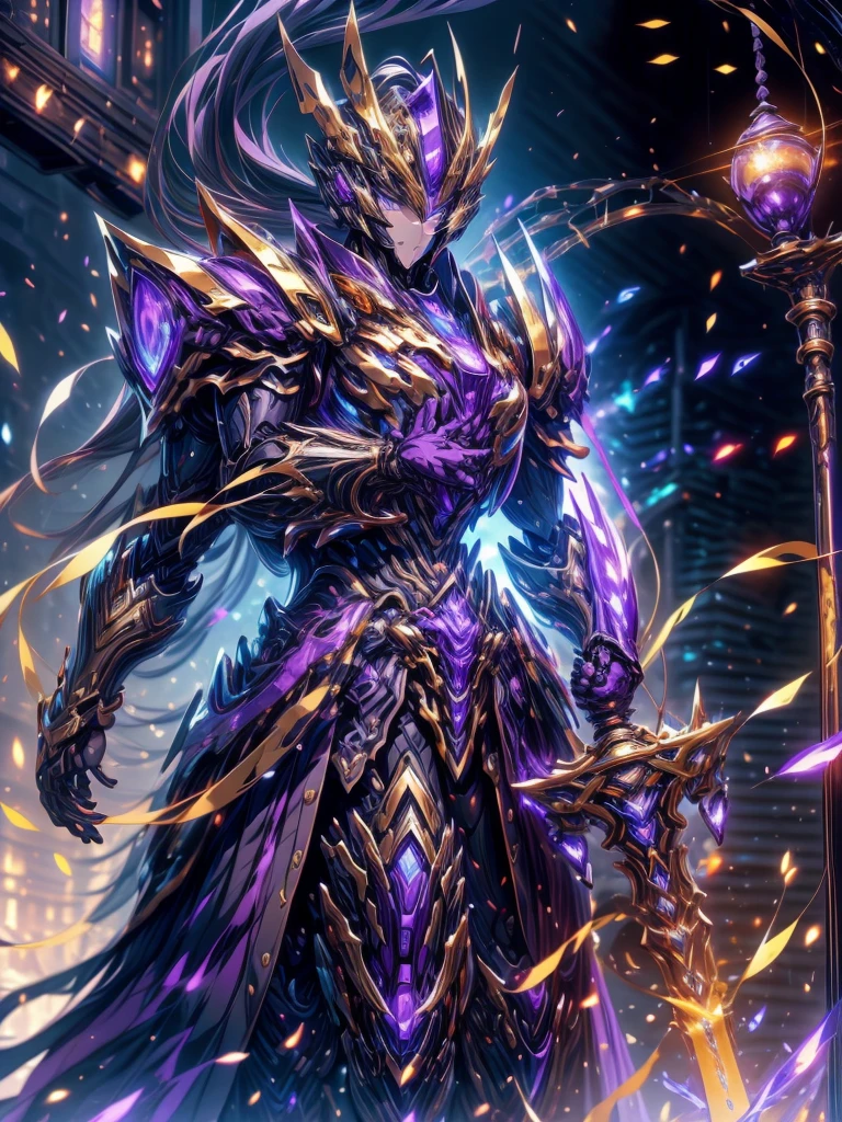 super wide shot, Full body frontal photo,Mecha woman warrior，Heroic style of the Three Kingdomech color: Purple deep series》，（《Romance of the Three Kingdoms》，《Sima Yi》，Magic weapon in hand，），（Full body mecha）, 1 Girl, large breast, thicc, BIG ASS, Keqing from Genshin Impact, (Masterpiece) ， The best quality， High quality，Gold armor，Movie Lighting， （Exquisite future）， Beautiful and beautiful， Ultra detailed， great composition， Floating， Depth of field， （Very detailed CG，Unity 8k Wallpaper）， （Beautiful detail background）， dramatic lights， GOGETTA， Mecha，best qualtiy，Ultra-high resolution，